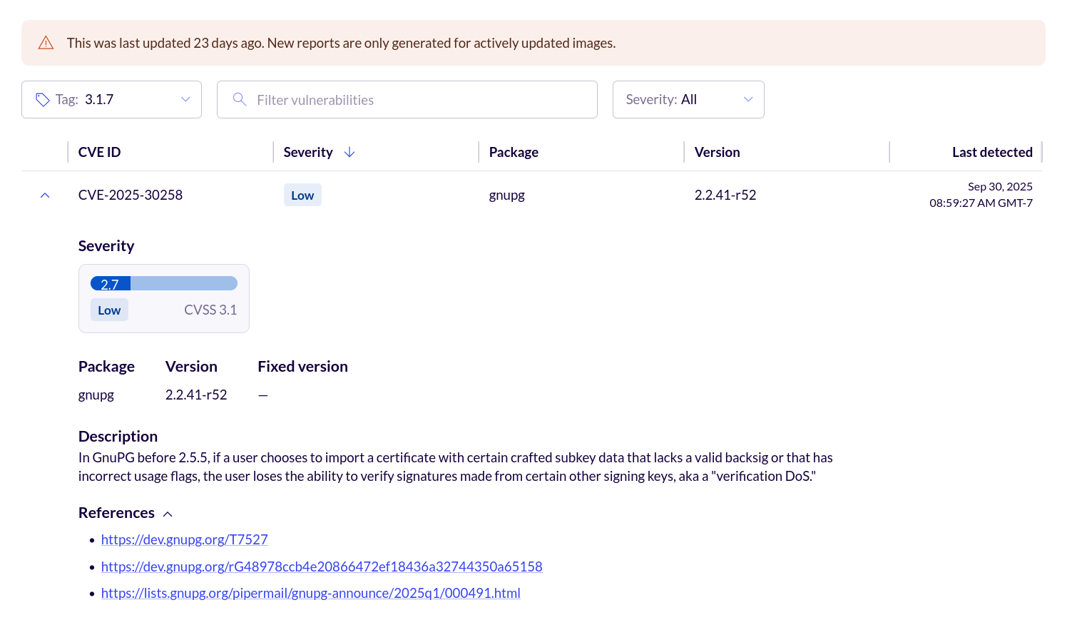 Screenshot showing the expanded view of the 'CVE-2025-30258' vulnerability. This expanded view includes a brief description of the CVE as well as some reference links.